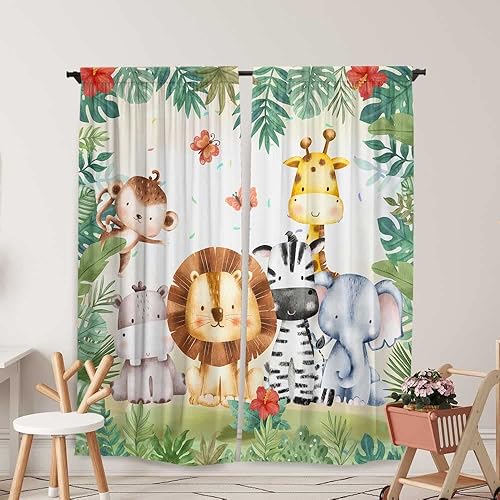 Cortinas de ventana de safari de selva para niños y niñas, acuarela, caricaturas, animales del bosque, bebés, sala de estar, dormitorio, guardería,