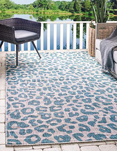 Unique Loom Outdoor Safari Collection Area Rug - Leopard (8' x 11' 4" Rectangle, Teal/ Ivory)