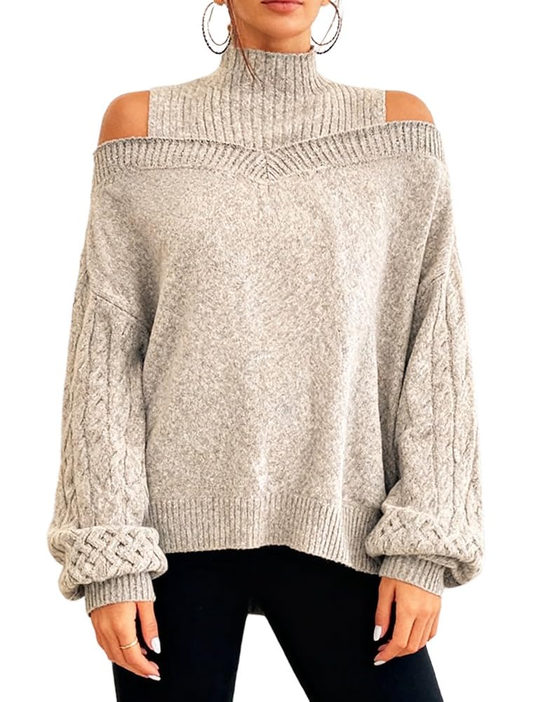 Kinghua Off The Shoulder Sweaters Fall Winte Trendy Turtleneck Lantern Long Sleeve Tops Cable Knit Sweater Pullovers
