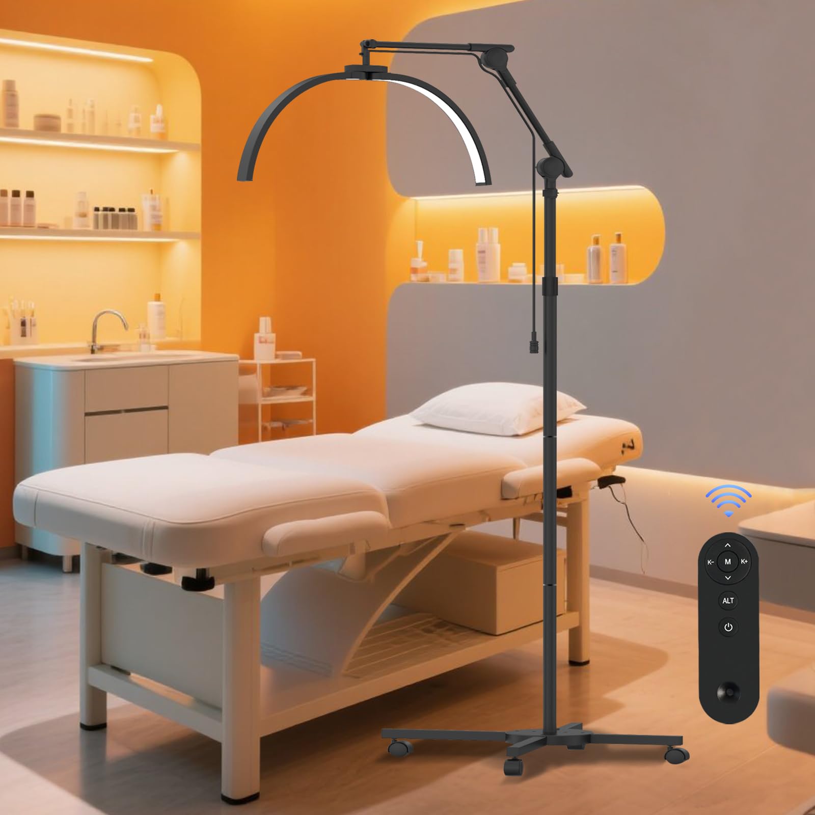 Halbmond Lampe mit Telefonhalter & Riemenscheibe, 28 Inch Faltbare LED Dimmbares Stehlampe Wimpern Lampe für Wimpernverlängerungen, Wimpernlicht für Hautpflege/Tätowierungen - Schwarz