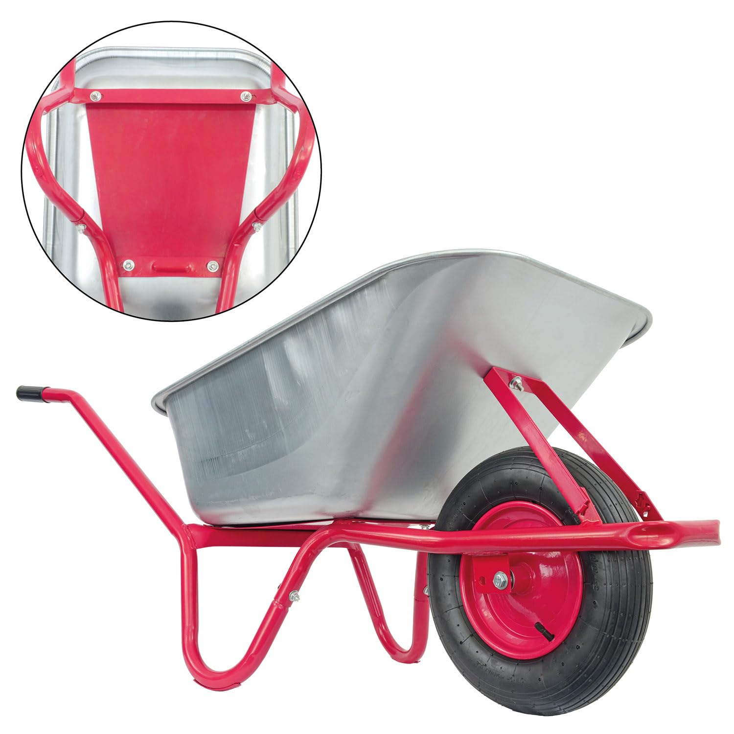 Matrix Schubkarre Profi 100l Liter 250 kg mit zusätzlichem Bodenblech Luftrad Schubkarren groß Garten Scheibtruhe Bauschubkarre | Mulde verzinkt | Metall Felge mit Kugellager | Farbe rot