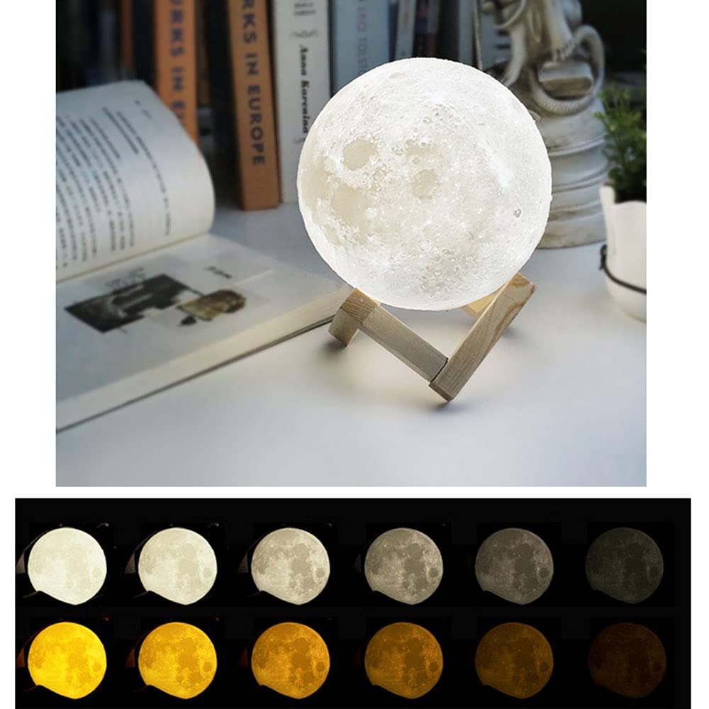 Moon Lamp Kids Night Light 2 Colori LED 3D Moon Light con Supporto in Legno, Touch Control USB Ricaricabile Regalo per Bambino Ragazze Ragazzi Compleanno