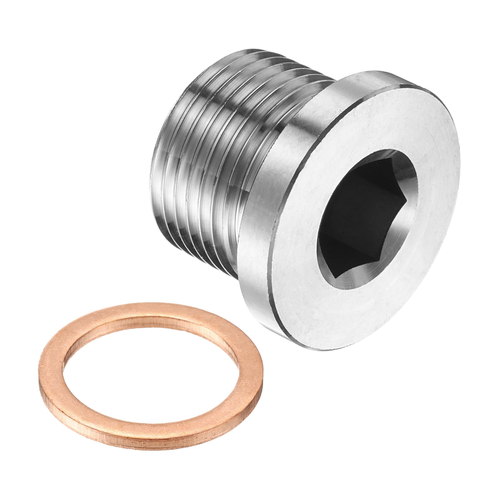 PATIKIL M20 x 1.5 Metric Pipe Plug Fitting, 304 Stainless Steel Internal Hex Head Socket Pipe Cap Adapter Connector with Copper Washer for Sealing Oil Gas Water — image 1