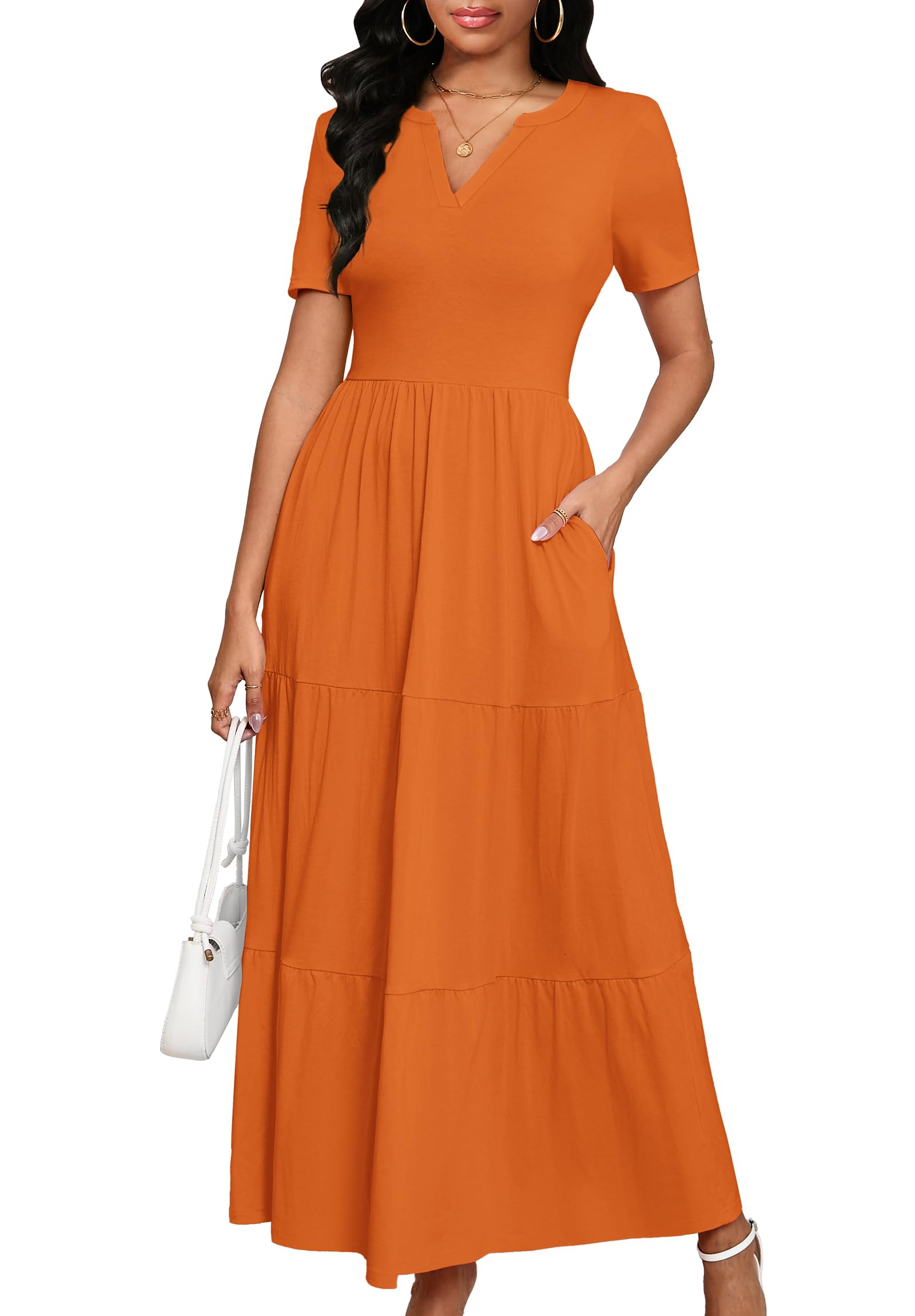 MarryUP Women 2025 Casual Loose Maxi Dress with Pockets V Neck Short Sleeve Tiered Long Summer Beach Swing Dresses