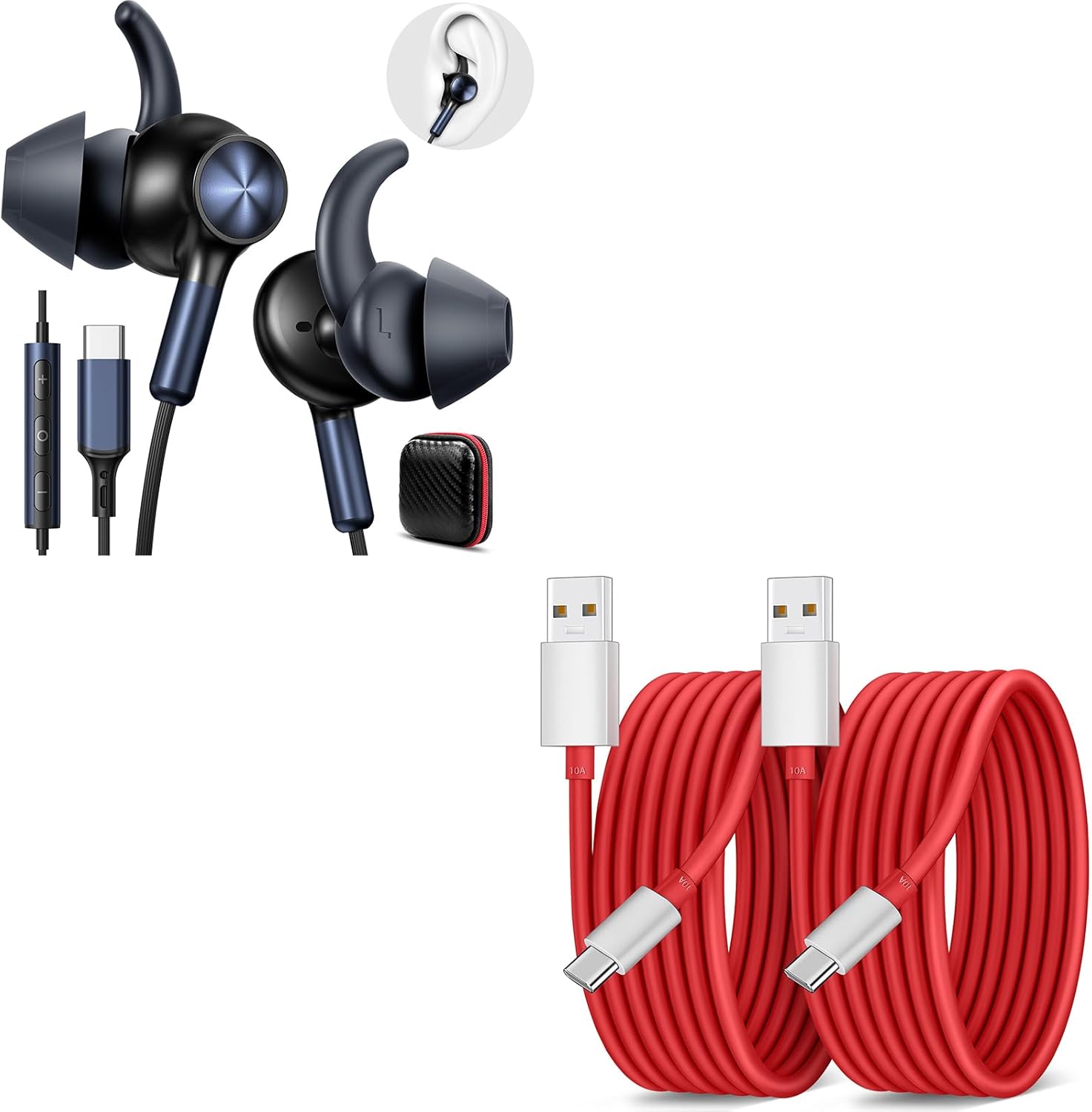 USB-C Wired Earbuds Noise Canceling in-Ear Earphones with Anti Fall/Hurt Wingtips + for SUPERVOOC USB-A to USB-C Cable for OnePlus 12-10