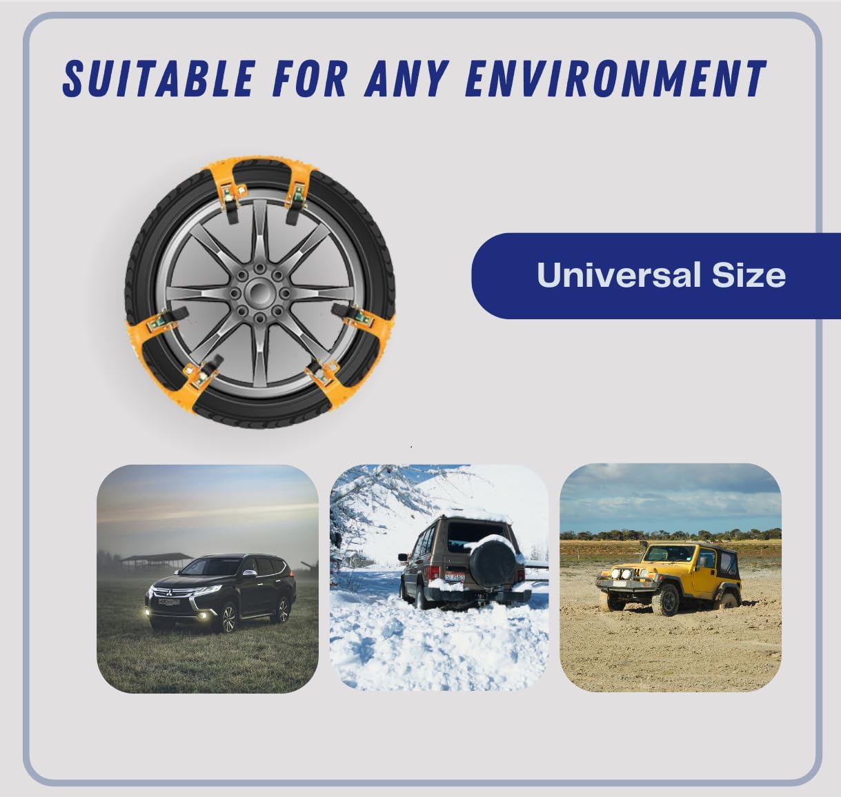 Jeremywell 6 PCS Tire Security Universal Snow Chains for Two Tires- Quality Strong Durable All Season Anti-Skid Car, SUV, and Pick Up Patterned Tire Chains for Emergencies and Road Trip