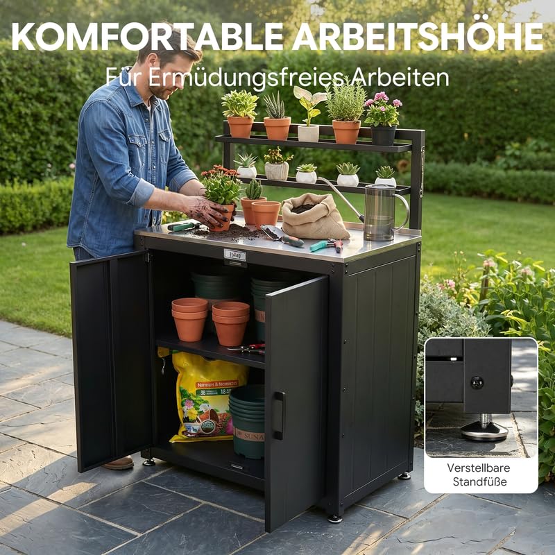 Feasto Gartenschrank wetterfest mit Edelstahl-Arbeitsplatte, 2 verstellbare Regalböden, Pflanztisch aus Metall für Gärten & Terrasse, 80x48x113 cm