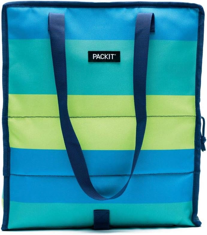 PackIt Freezable Grocery Shopping Bag with Zip Closure, Fresh Stripe