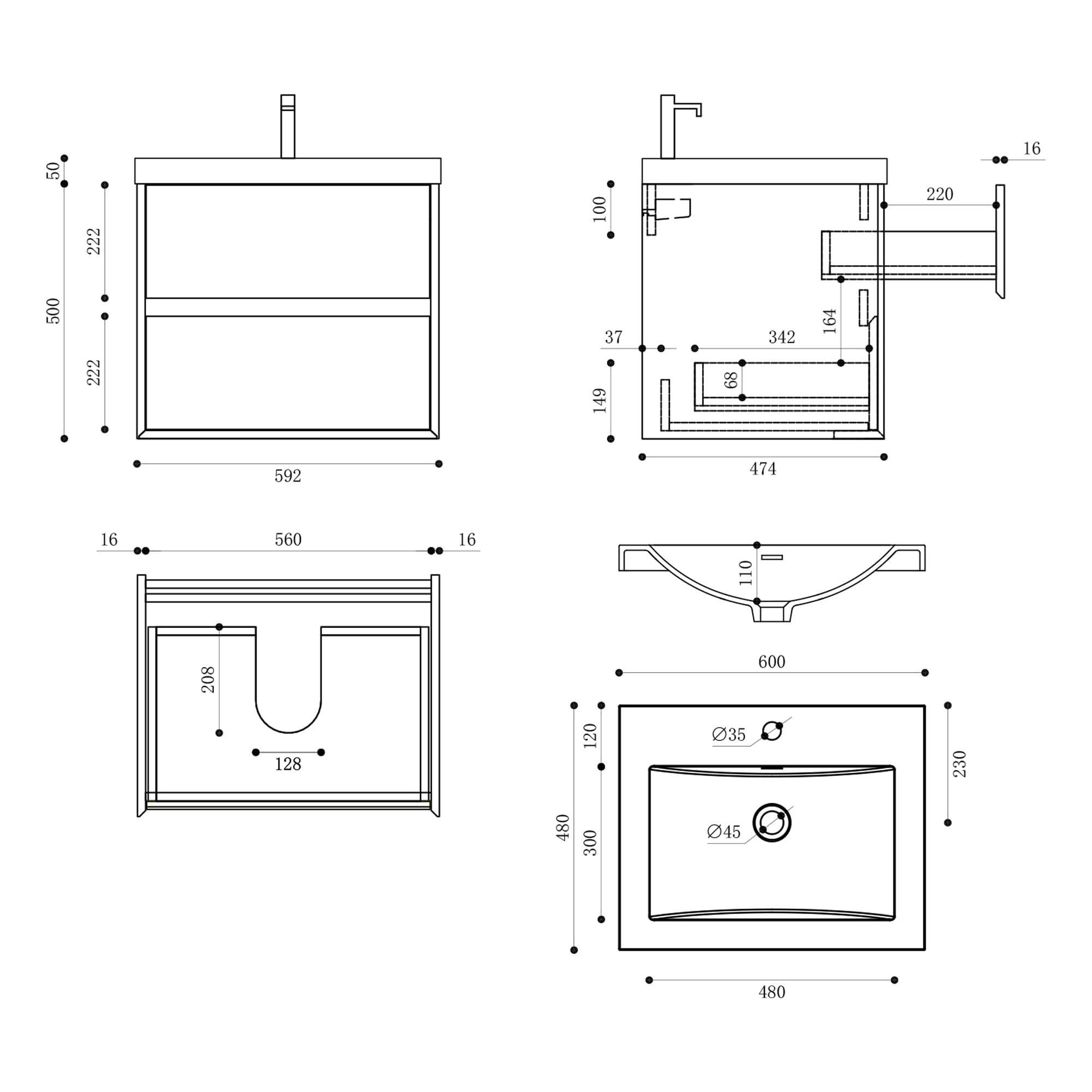 Mai & Mai Badmöbelset Waschbeckenunterschrank inkl. Waschbecken | Badezimmermöbel , 2 Schubladen mit Soft-Close, Anthrazit, aus Mineralguss Kerneiche 60 cm Rimo