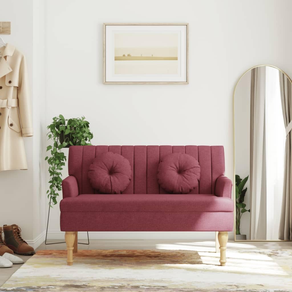 Tapicerowana ławka do siedzenia z poduszkami, kolor czerwonego wina, 113 x 64,5 x 75,5 cm, wygodne siedzisko z drewnianymi nogami i wytrzymałym obiciem z materiału