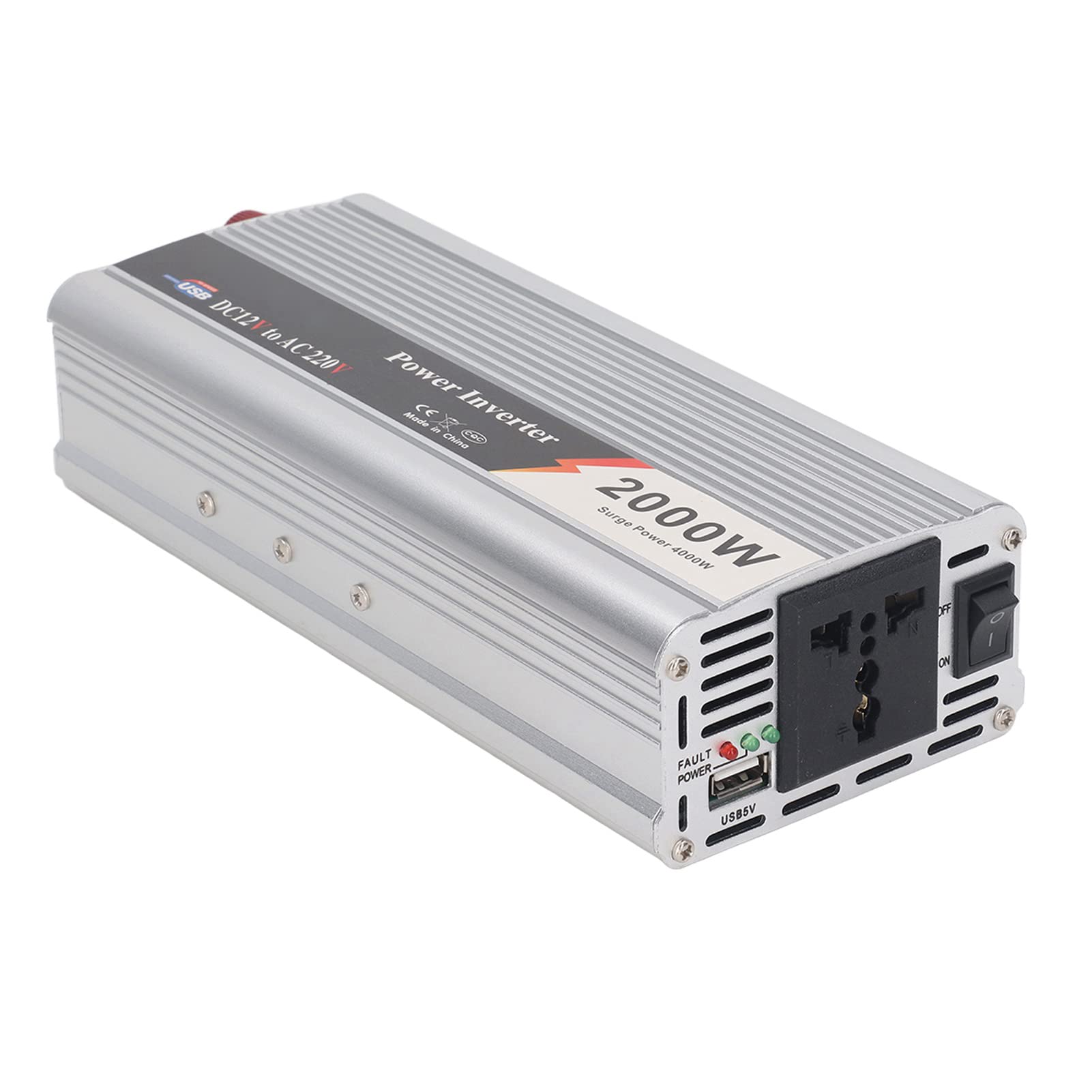 Inversor de Corriente para Automóvil de 2000 W, CC 12 V a CA 220-230 V, Onda Sinusoidal Corregida, con 1 Enchufe Universal, Interfaz USB de 5 V, Protección Múltiple, para Cargar
