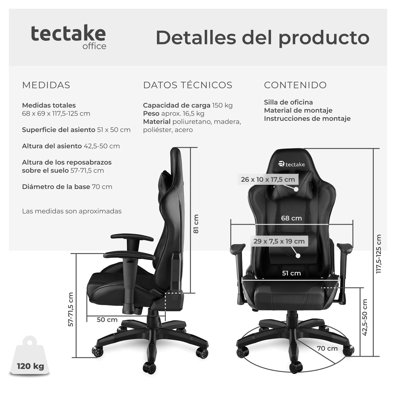 tectake® Silla Escritorio, Silla Ergonómica con Reposabrazos Ajustables, Silla de Estudio Moderna, Silla con Reposacabezas y Cojín Lumbar Extraíbles, Mecanismo Basculante, Rotación 360° - Negro/Negro