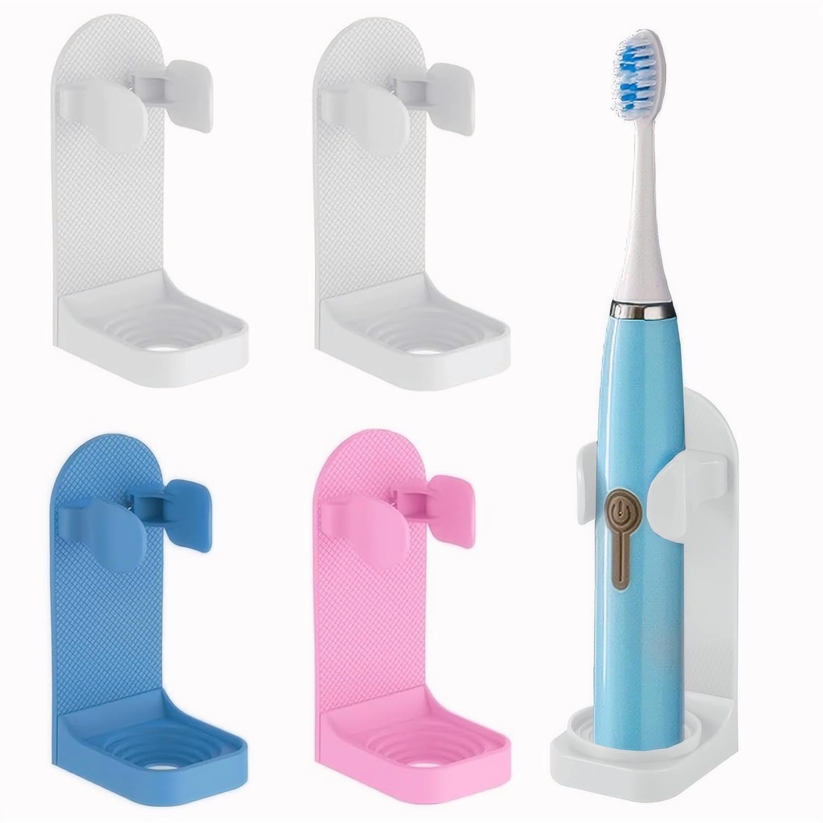 DOETYD 4 Packs Toothbrush Holder Electric Toothbrush Holder Wall Mounted Toothbrush Storage with Adhesive Plastic Electric Toothbrush Stand for Bathroom Wall 2 White+1 Blue+1 Pink
