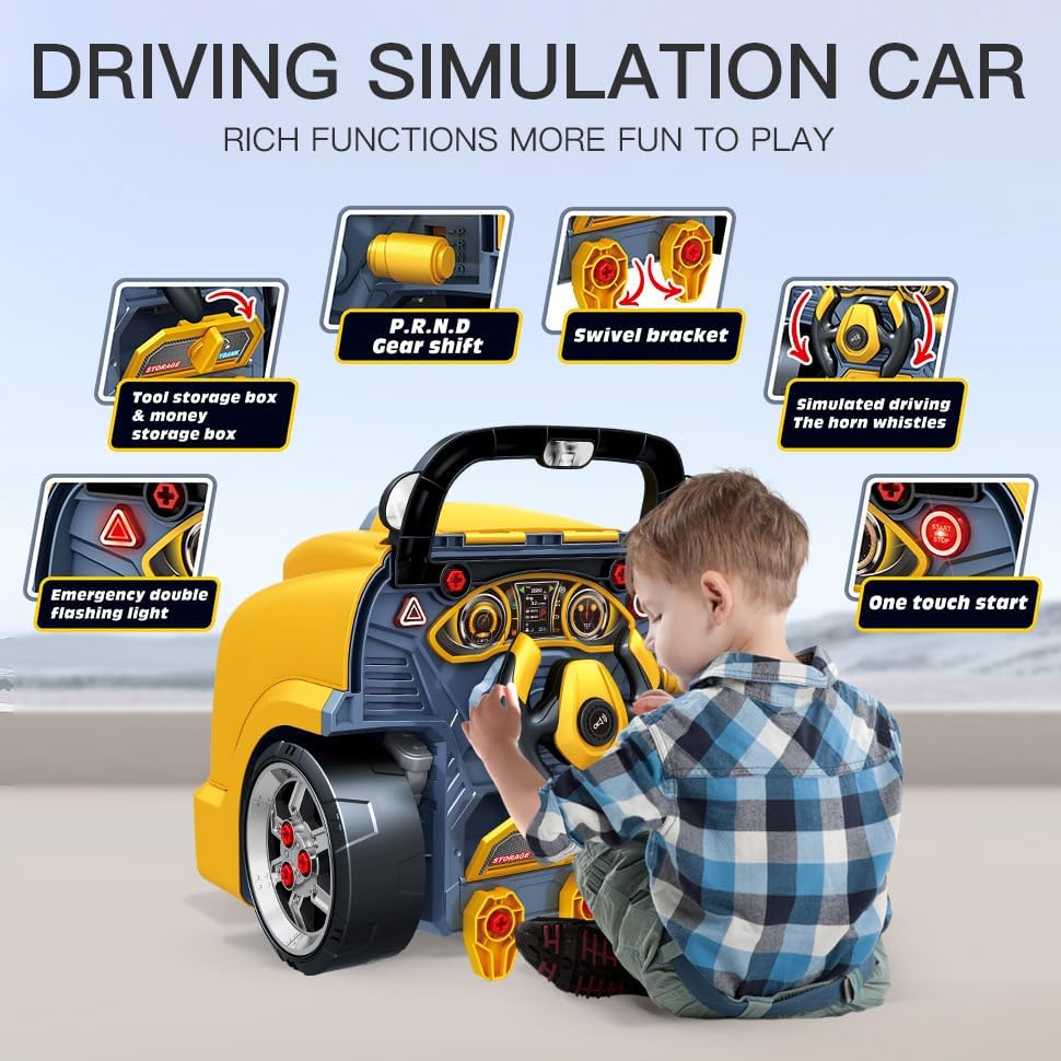 A child interacting with the dashboard of the truck engine toy, showing various buttons and controls for simulated driving.
