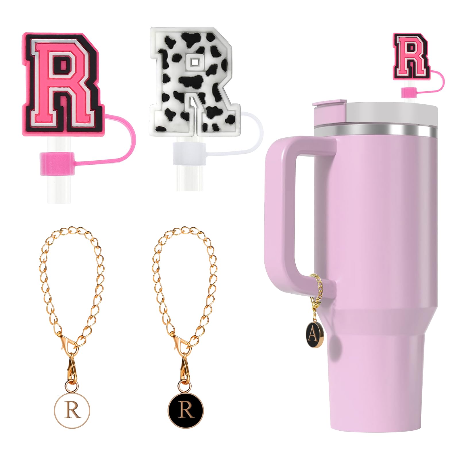 Fmeida Straw Cover Cap Silicone Straw Topper for Stanley 30&40 oz Tumbler with Handle Initial Letter Charms for Stanley Cup Letter R 4 PACK