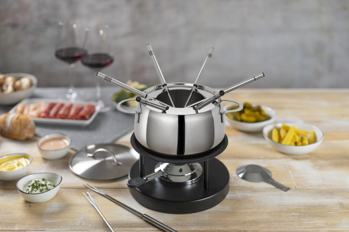 KUHN RIKON Fleischfondue Set Engelberg Induktionstauglich, Chromstahl Fondue Rechaud mit Pastenbrenner und 6 Gabeln für sechs Personen