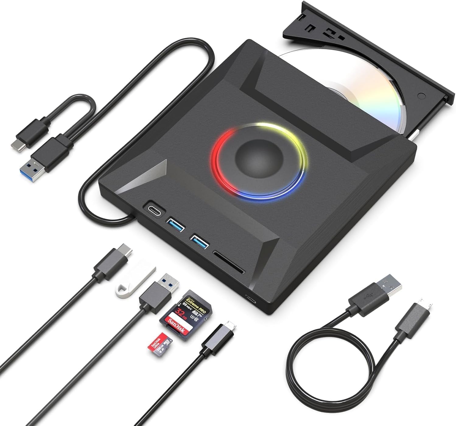 External CD DVD Drive,7 in 1 USB 3.0 and Type-C CD Burner Player Writer with 2 USB Ports and 1 TF/SD Card Slots,Portable Slim Optical Disk Driver for Laptop Mac PC Windows Linux OS