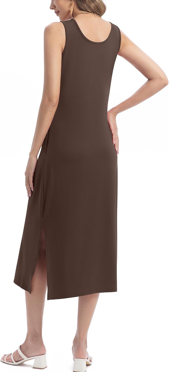 Midi Dresses for Women Summer Casual Tshirt Sleeveless Scoop Neck Tank Dress Side Split Vacation Beach Sundress with Pockets image 5
