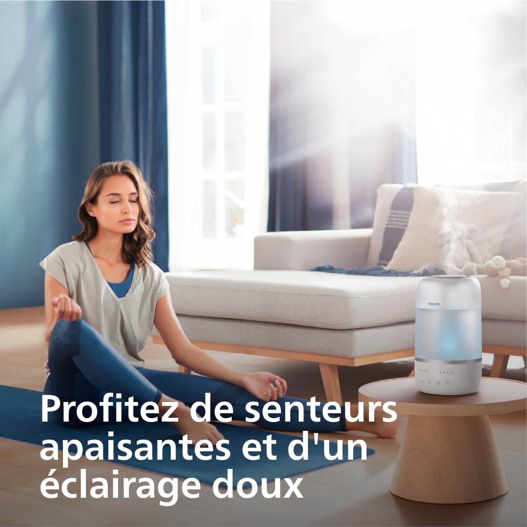 Philips Humidificateur intelligent - Compact mais puissant avec Sky High Mist, jusqu'à 32 heures d'autonomie, silencieux avec réglage du sommeil et veilleuse, pour jusqu'à 38 m² (HU1509/00)