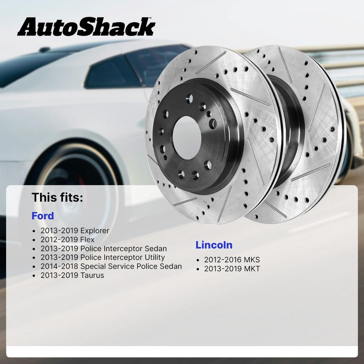 AutoShack Rear Vented Drilled & Slotted E-Coated Brake Rotors 2-PC Set Replacement for 2013-2019 Ford Explorer 2013-2019 Ford Taurus 2012-2016 Lincoln MKS ShadowGuard 13.58" (345 mm)