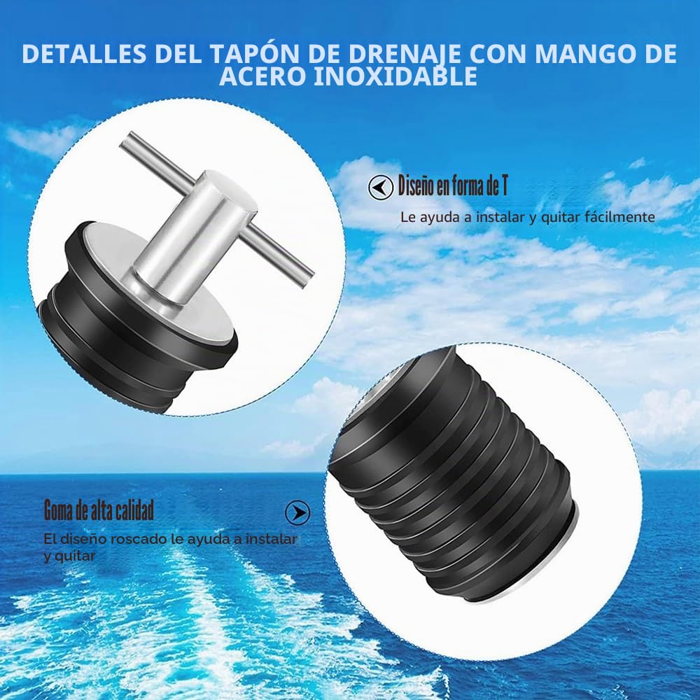 2 Tapones de Drenaje para Barco, 23 mm, Acero Inoxidable Con Mango en T para Marino