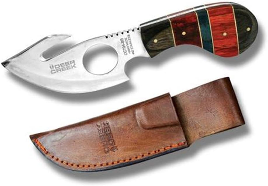 Rex Distributors DC-794-BB 7" Deercreek Short Skinner blk/Blue/Red Wood Color Handle with Leather Sheath Knife