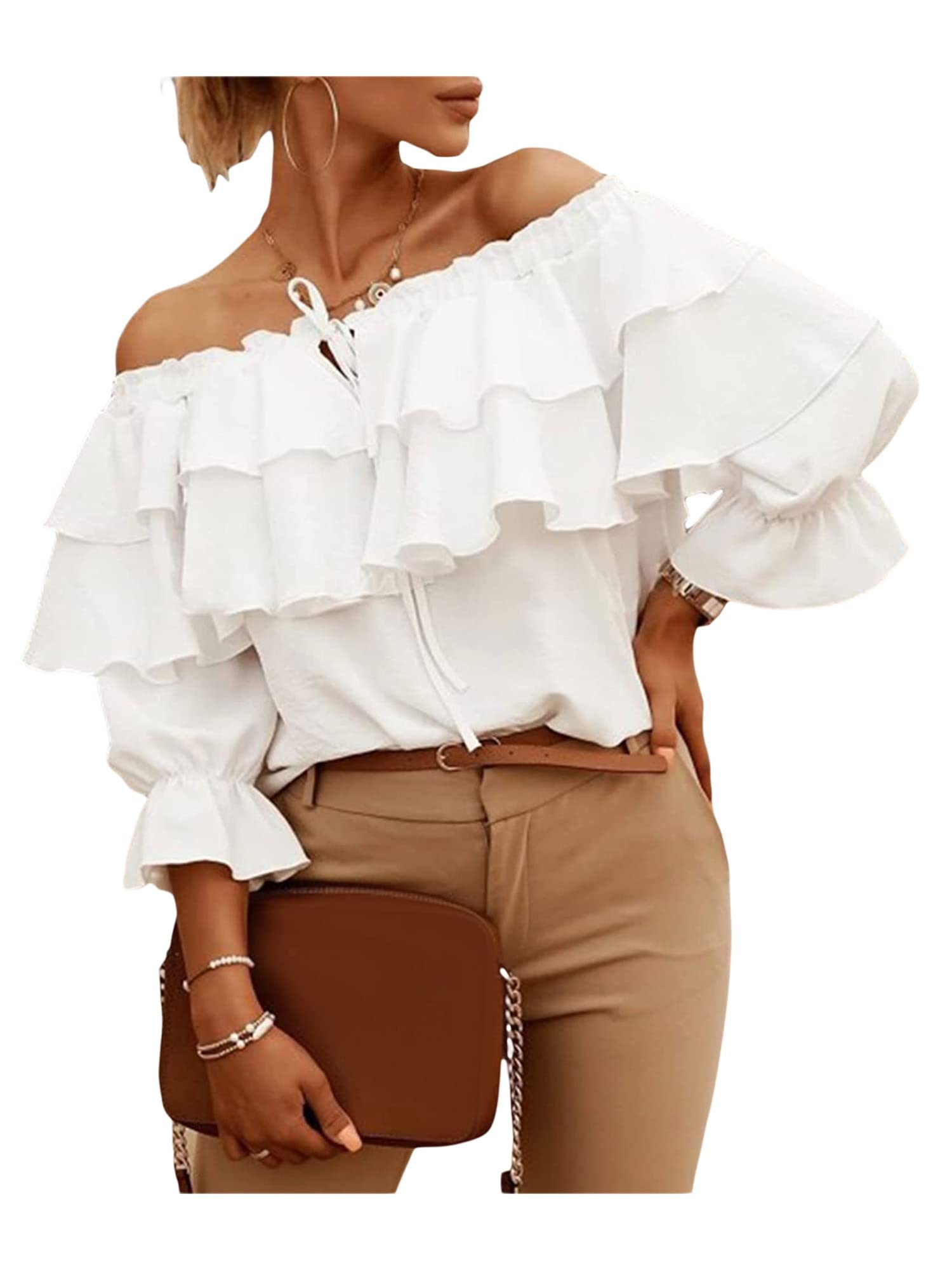 Acrawnni Woman's Strapless Half Sleeve Blouses Sexy Off Shoulder Ruffle Tie-Up Chiffon Crop Tops Casual Ladies Tunic Shirts (A-White, M)