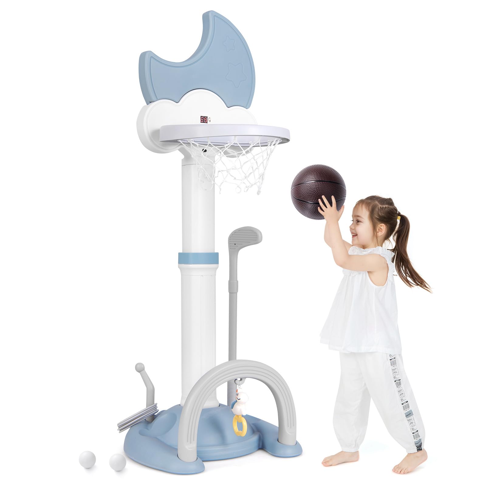 COSTWAY Kids Basketball Hoop, 4 in 1 Toddler Sports Activity Center with Electronic Scoreboard, Soccer Goal, Ring Toss, Golf Set, Height Adjustable Basketball Stand for Boys Girls (White+Blue)
