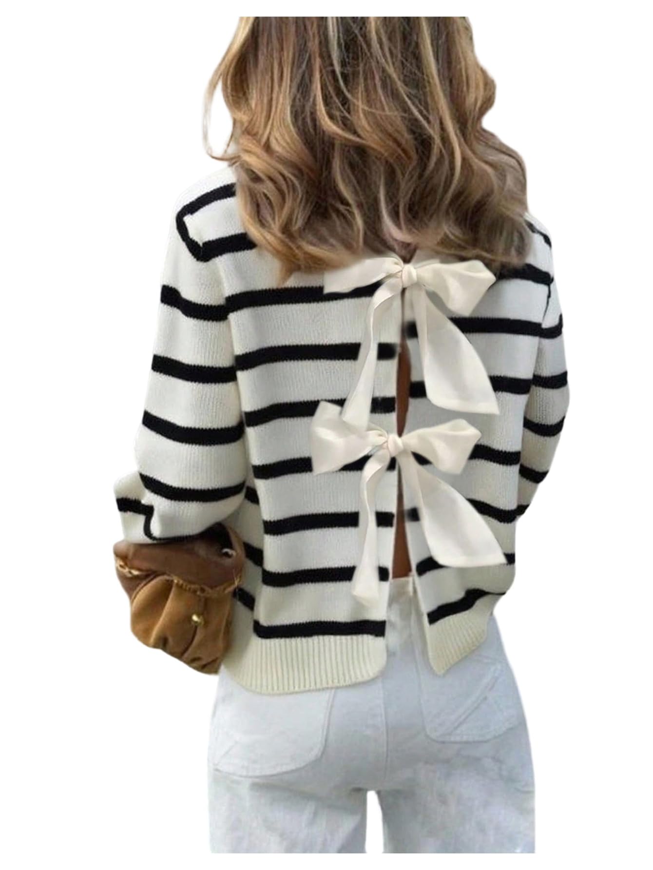 SweatyRocks Womens Striped Bow Tie Back Sweater Casual Long Sleeve Crew Neck Knit Pullover Tops