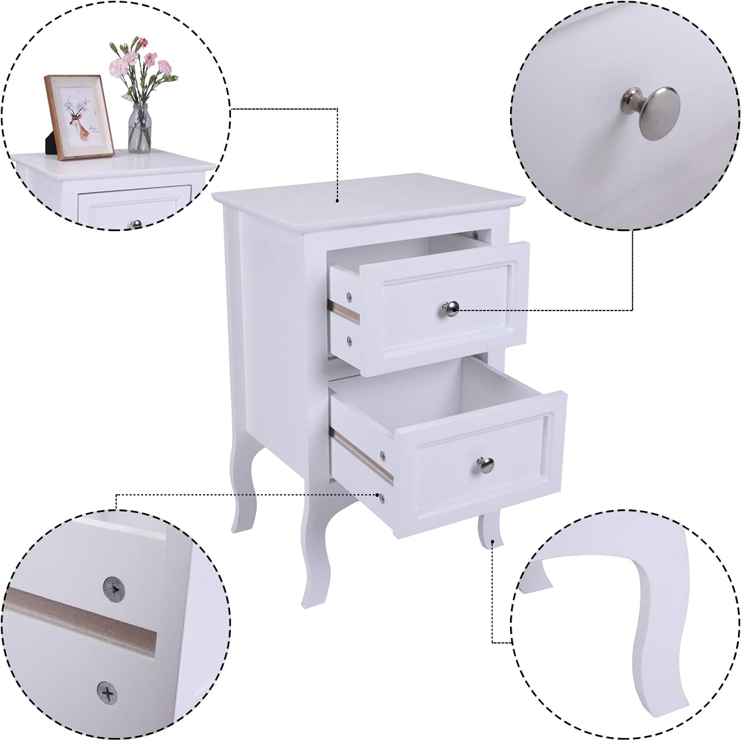 White Wood Nightstand Set of 2, 2 Drawer Bedside Table,Country Style Wood Side End Table for Bedroom/Living Room/Office