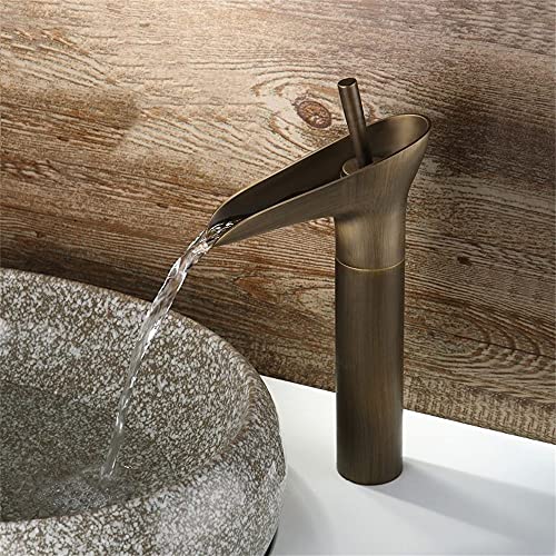 Buluxe Classic 1-Hole Single Lever Vessel Sink Waterfall Faucet Solid Brass In Antique Brass (Antique Brass) #TOP3