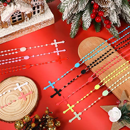 Meooeck 100 Pack Cross Necklaces Bulk Rosary Beads for Church Welcome Gifts Present Plastic Cross Rosary Necklace Prayer Crossed Beads for Religious Homeless Gift Party Favor, 13 Inch2