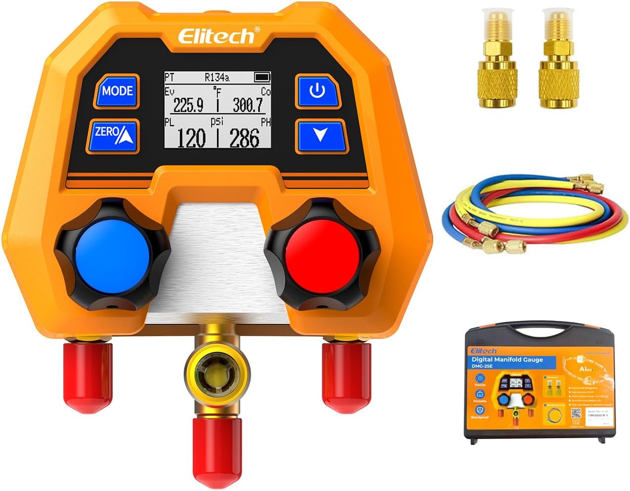 Elitech DMG-2SE Digital Manifold Gauge Set for HVAC AC Refrigeration - 88 Refrigerants R410A R454B R134a, LCD, 3 Color Hoses & Adapters