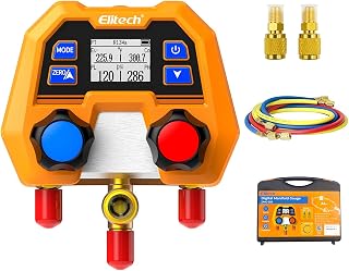Elitech DMG-2SE Digital Manifold Gauge Set for HVAC AC Refrigeration - 88 Refrigerants R410A R454B R134a, LCD, 3 Color Hoses & Adapters