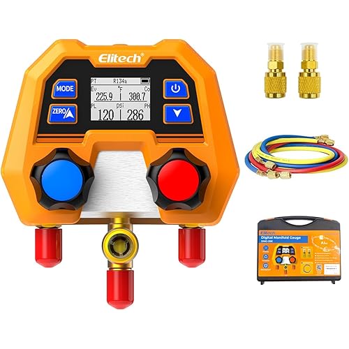 Elitech Digital Manifold Gauge Set for HVAC, Refrigeration & AC Systems, Supports R410A/R454B/R134 etc. Refrigerants, LCD Display, DMG-2SE with 3 Color Hoses & 2 R410A Adapters