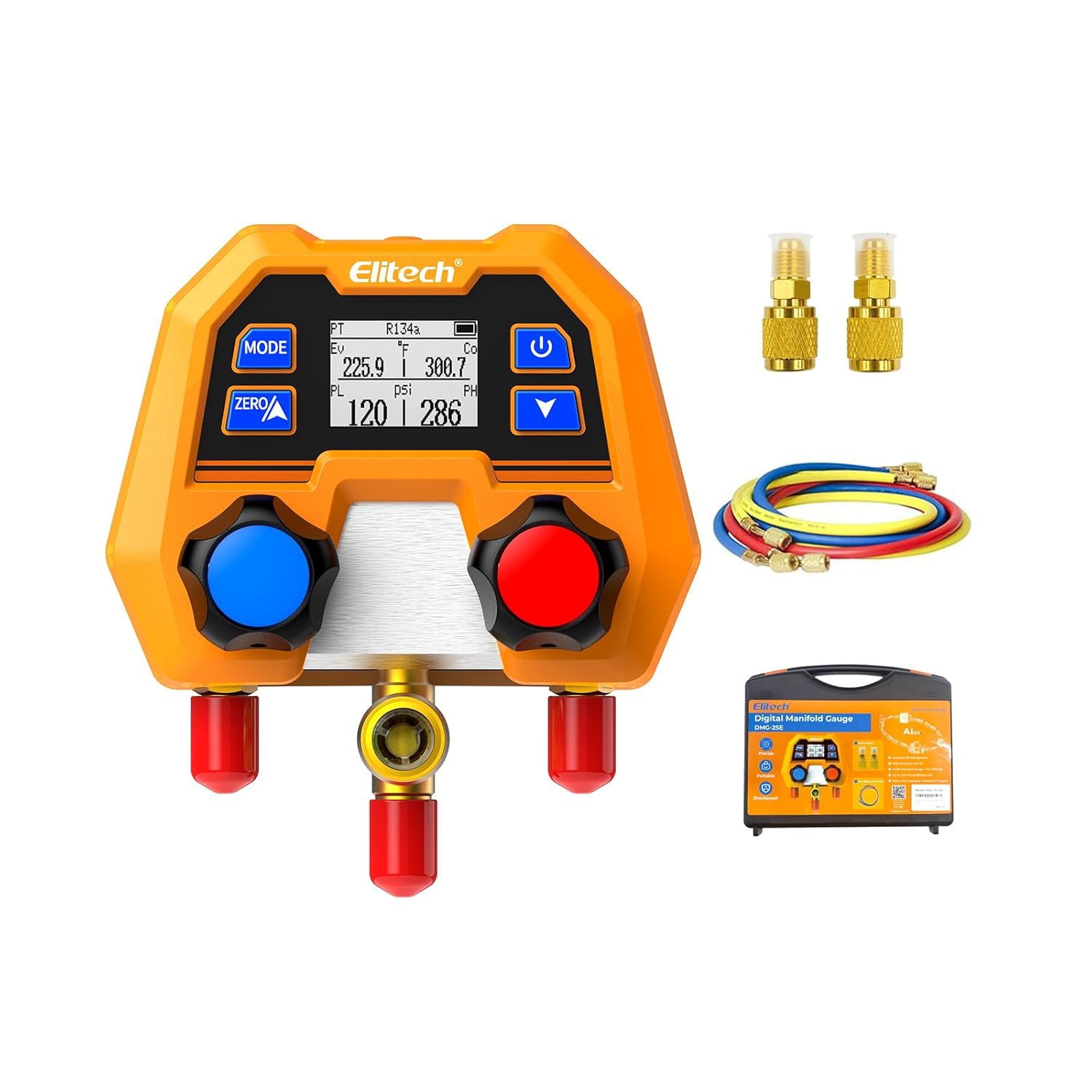 Elitech Digital Manifold Gauge Set for HVAC Refrigeration AC Systems Supports R410A R454B R134 etc Refrigerants LCD Display