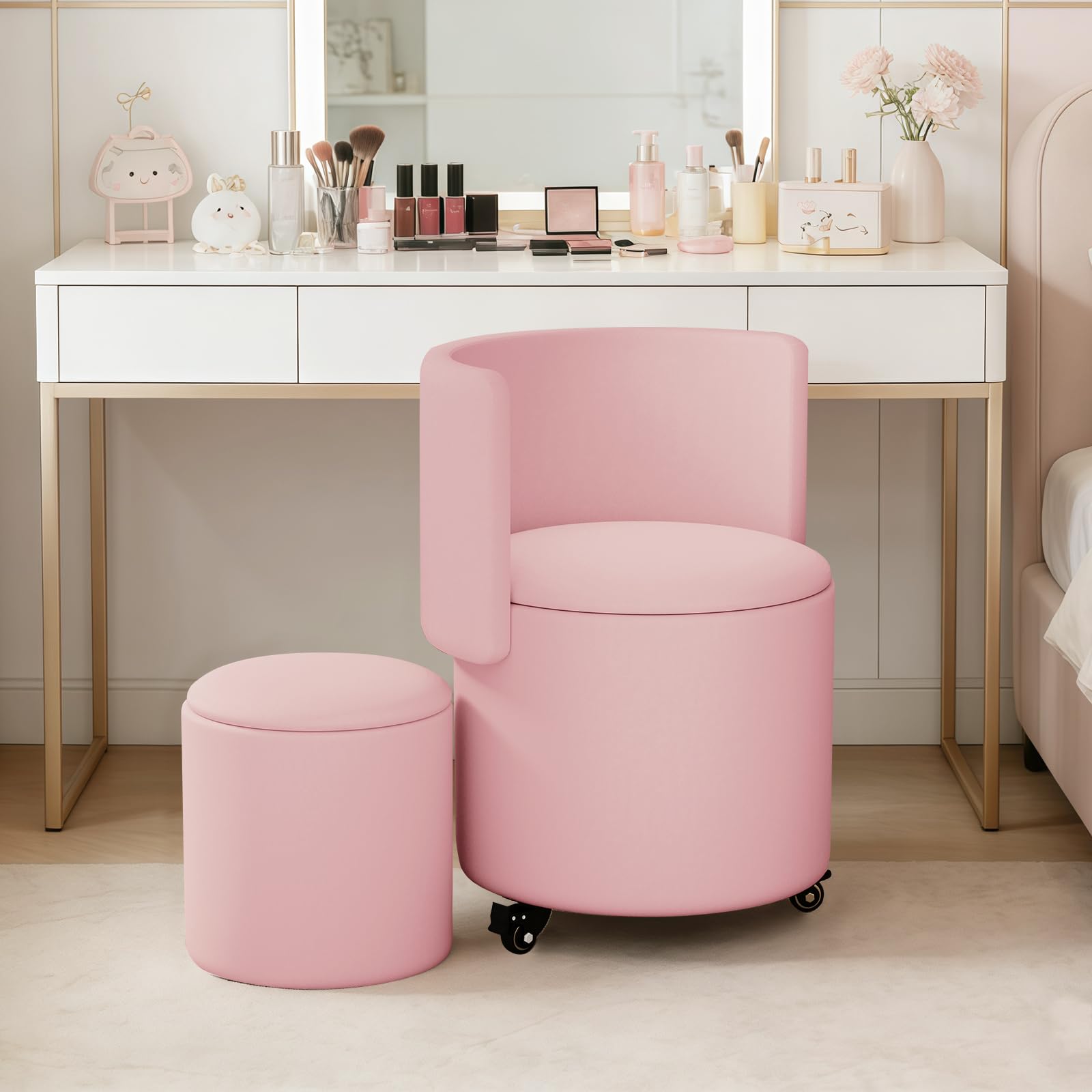 HDHNBA Round Storage Ottoman, PU Leather Upholstered, Storage Stool With Folding Back for Bedroom Living Room