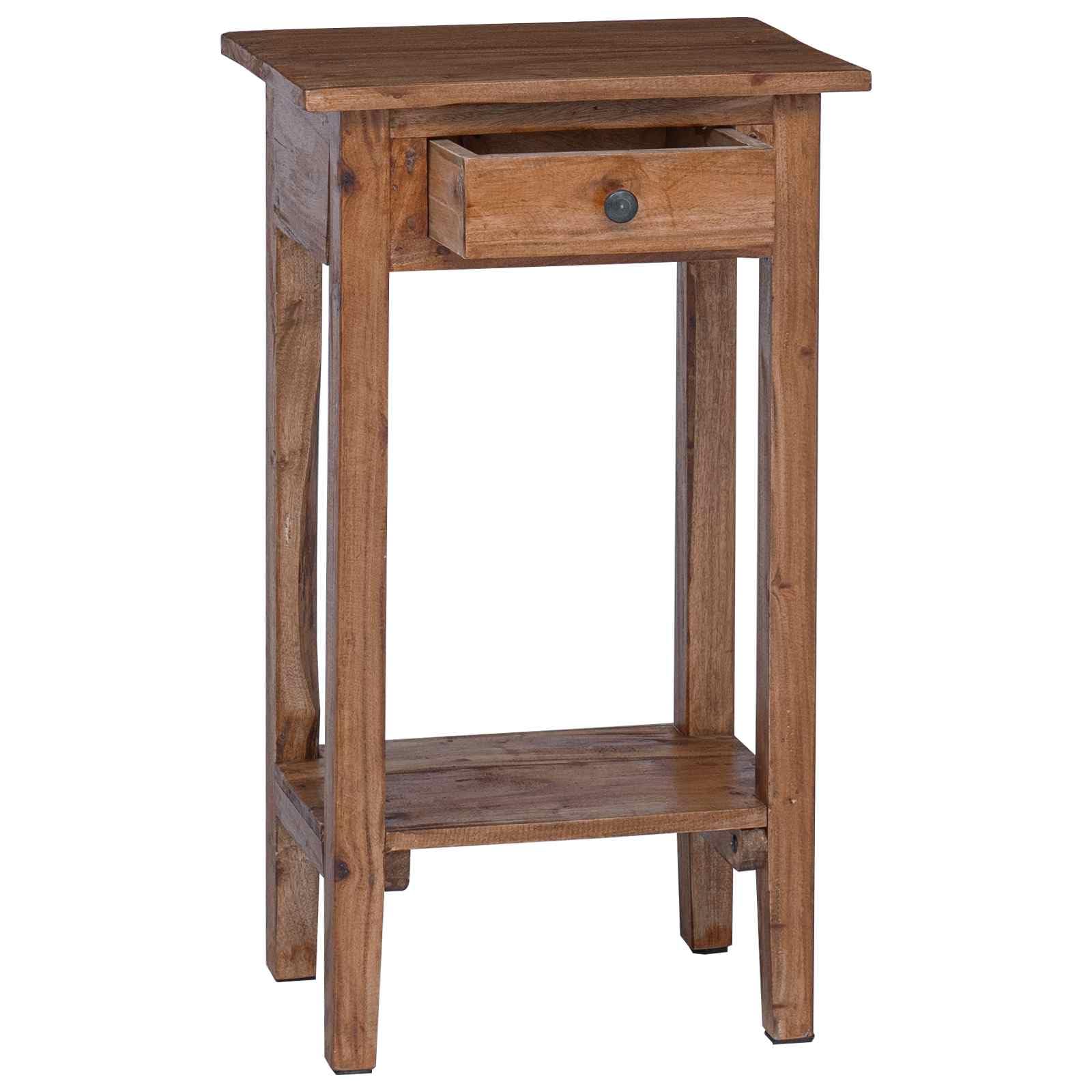 Supporto per piante marrone 34 x 25 x 52 cm, in legno di mogano | Con cassetto, pomelli in ottone, stile rustico, per giardino, terrazza, balcone