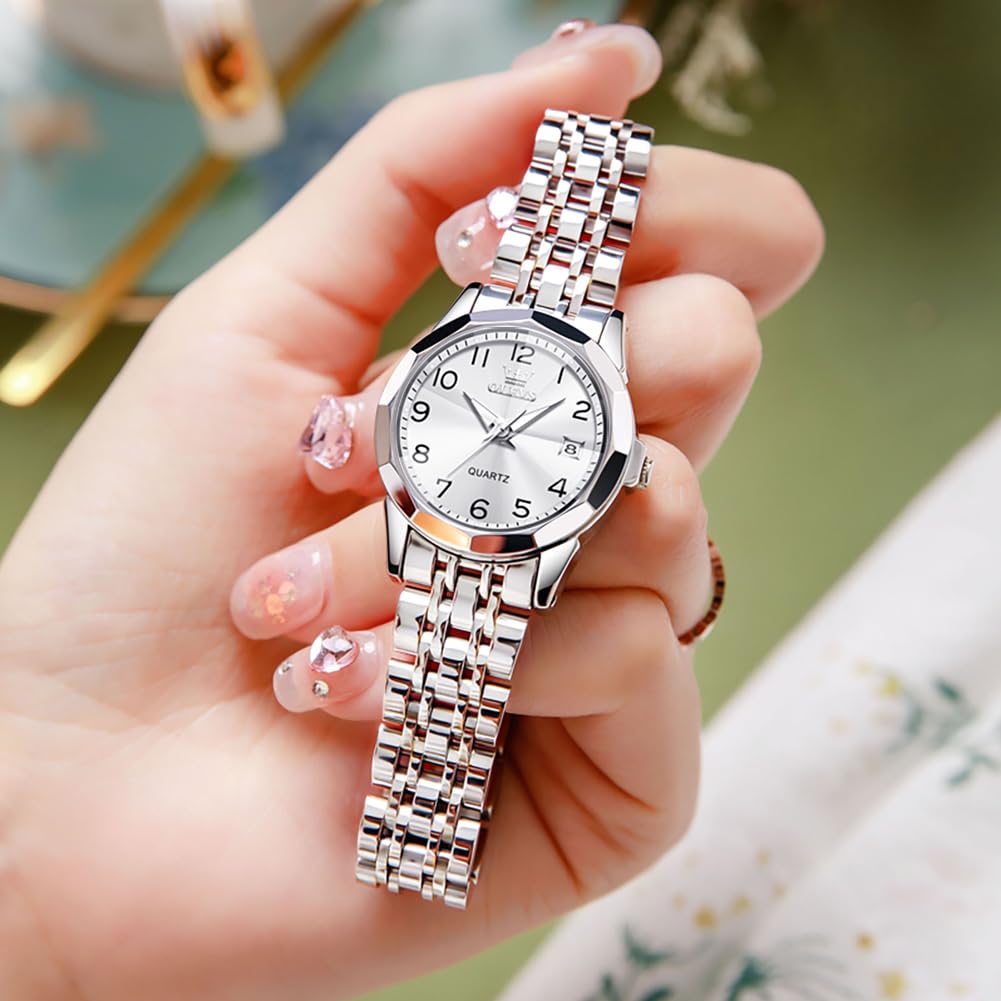 OLEVS Orologio analogico da donna, classico, in acciaio inox, impermeabile, luminoso, con data, due tonalità, facile da leggere