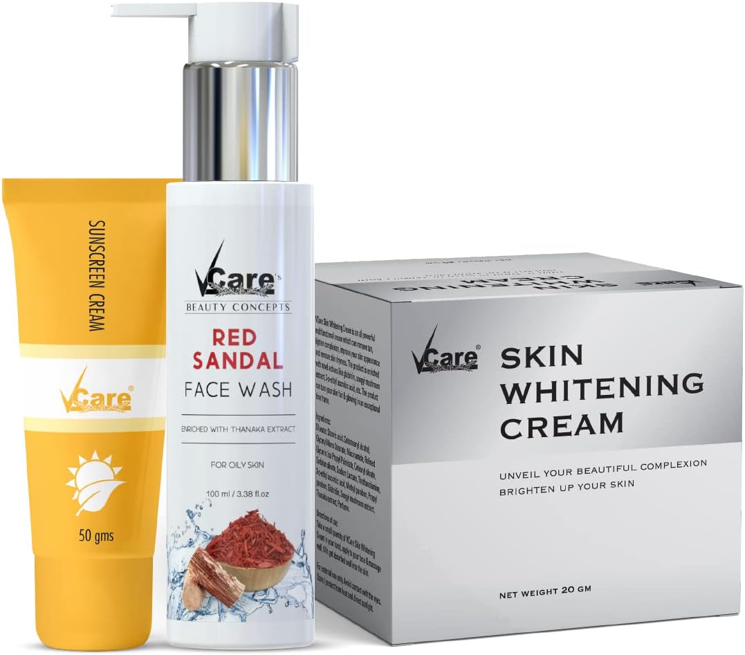 VCare Skin Care Combo of Skin Whitening Cream for Brightening | Red Sandal Face Wash For Radiant skin and Sunscreen Cream for UV Protection | Glowing & Well Protected Skin – All in 3