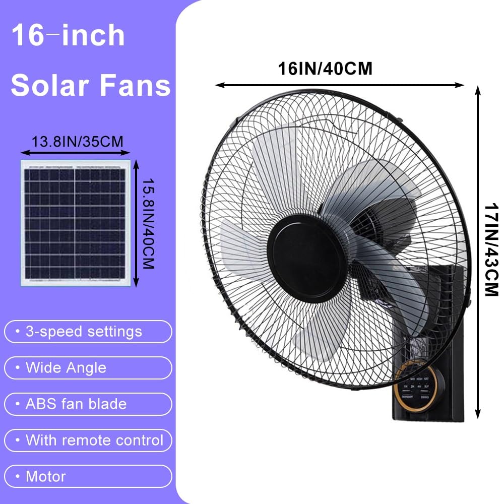 Ventilador de Pared Solar de 16 Pulgadas con Control Remoto, 3 velocidades de enfriamiento oscilante silencioso para Uso en Interiores al Aire Libre, Patio de Garaje de Invernadero, Respaldo de Doble