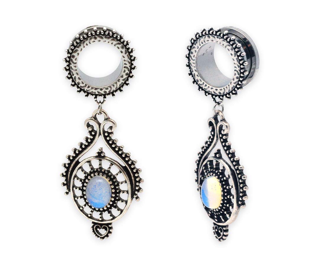 Mystic Metals Body JewelryPair of 316L Steel Screw on Plugs with Tribal Opalite Stone Dangle Style 3 (PS-270)