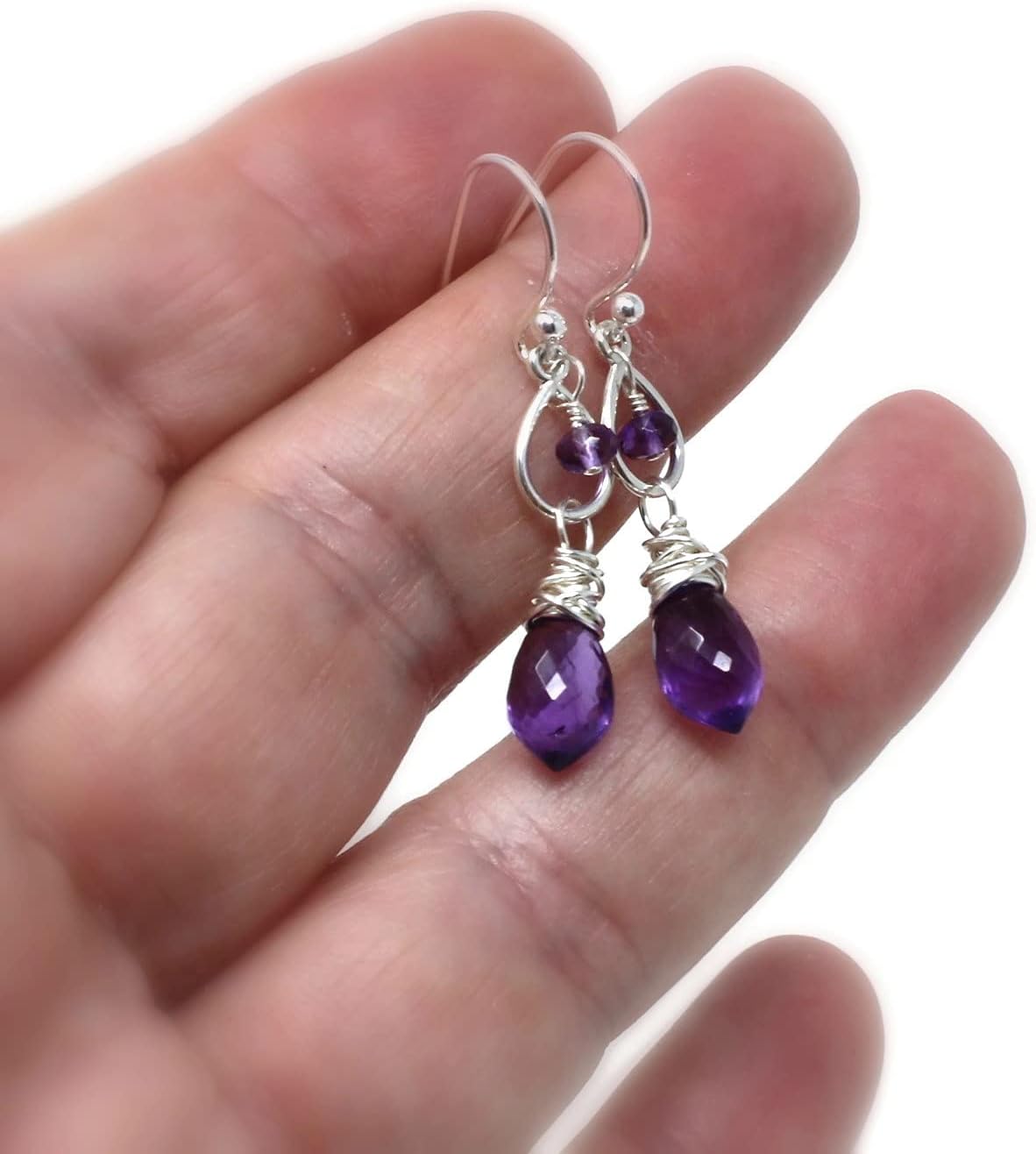 Dainty Teardrop Amethyst Earrings Sterling Silver Dangling Drops