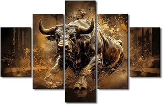 TUMOVO 5 Panel Wall Art Bronze Bull Painting Print On Canvas Pictures for Bedroom Home Decor Market Concept Modern Artwork Stretched By Wooden Framed Ready to Hang, 60" Wx40 H