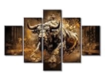 TUMOVO 5 Panel Wall Art Bronze Bull Painting Print On Canvas Pictures for Bedroom Home Decor Market Concept Modern Artwork Stretched By Wooden Framed Ready to Hang, 60
