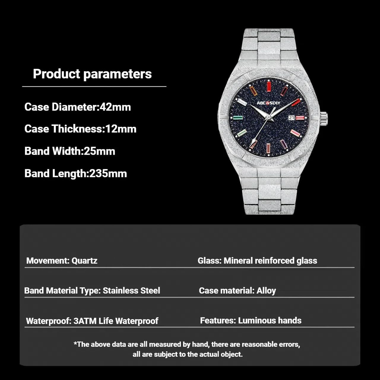 Luxury Men Quartz Watches Colourful Rhinestone Bling Dial Frosted Star Dust Rainbow Watch Men's Golden Wristwatch Stainless Steel Waterproof Luminous