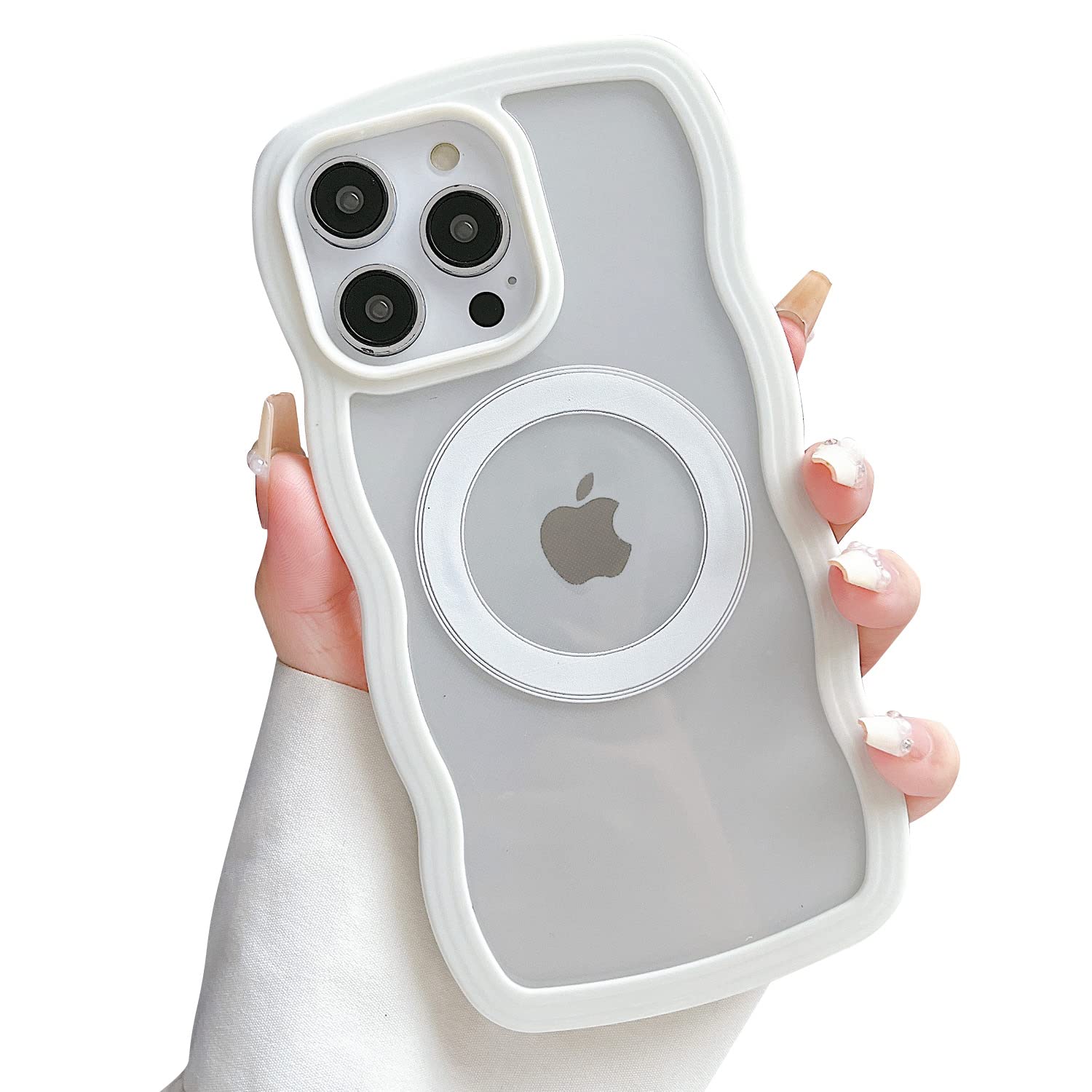 SmoBea Compatible with iPhone 14 Pro Max Case 6.7 inch with Magsafe, Cute Curly Simple Wave Design [PC Material Edge] Anti-Scratch, Anti-Shock, Slim Clear iPhone 14 Pro Max Case (White)