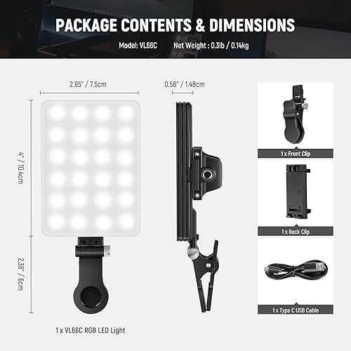 Miniatura 9 de NEEWER Luz LED RGB para teléfono con soporte para teléfono y clip de luz, CRI regulable 97+ 3 modos de luz de teléfono, batería integrada de 2000