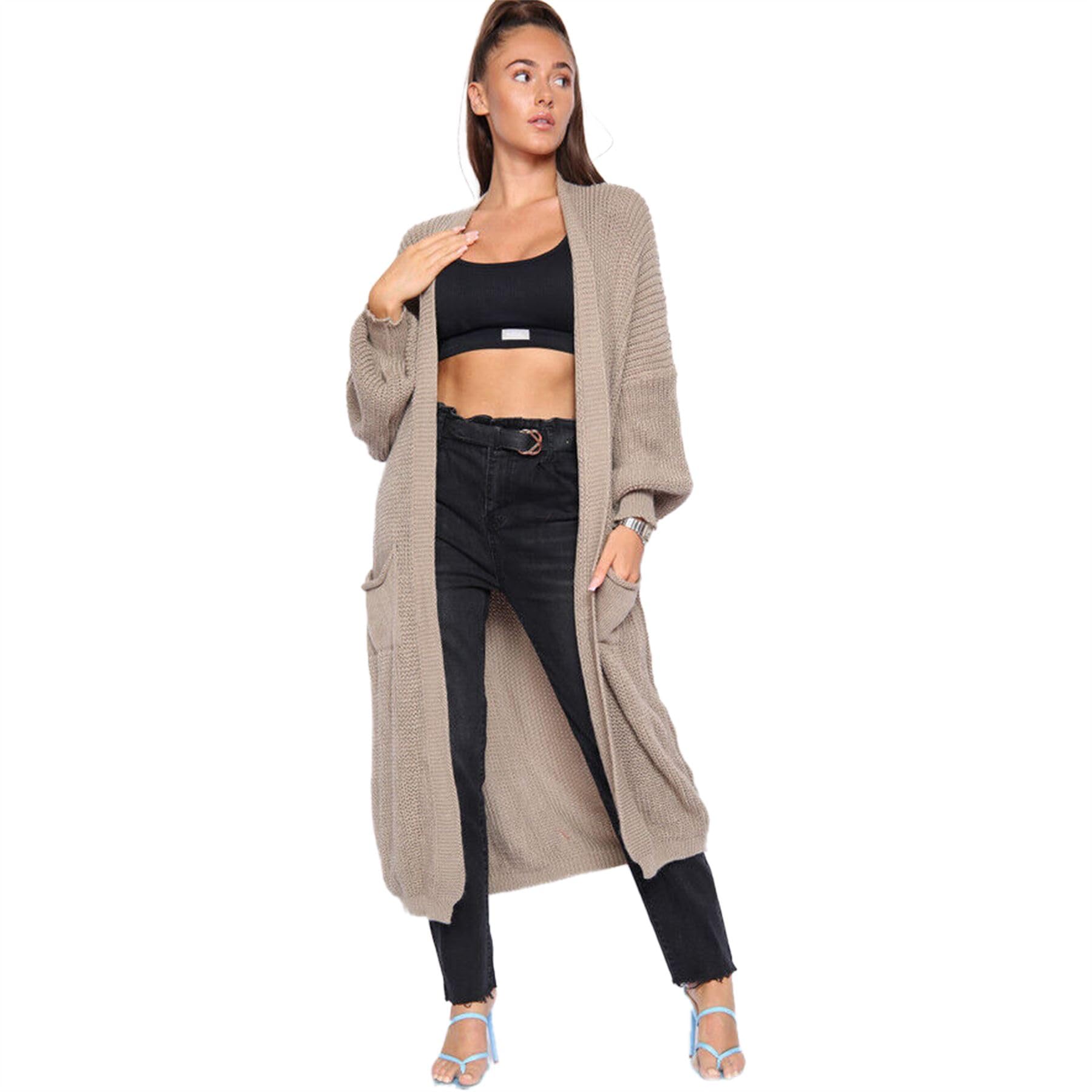 Ladies Oversized Long Cardigan Balloon Sleeve Chunky Ribbed Open Knitted Maxi Pocket Jumper Sweater