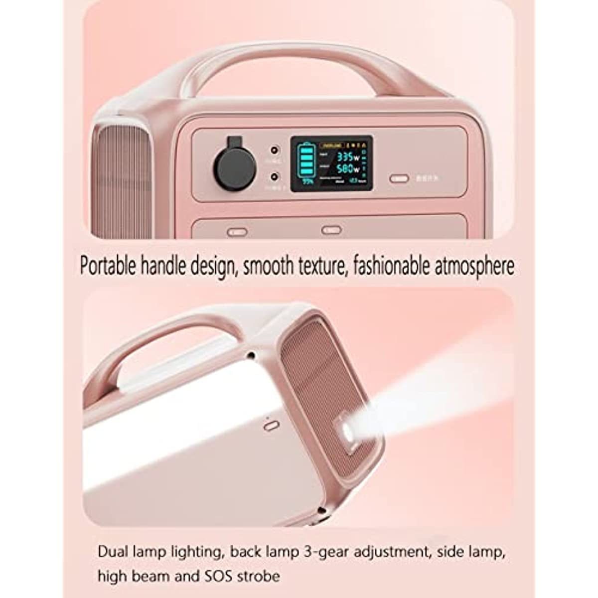 Stazione di alimentazione da campeggio, generatore portatile con presa CA da 110 V, doppie porte USB e uscite CC, batteria solare per campeggio, camper, backup di emergenza (rosa 600 W 600 Wh 2,5 or